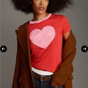 Anthropologie Let Luv Heart Ringer Red Tee with Pink Heart